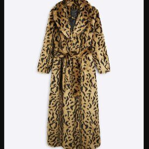 River Island Somewhere to Go Leopard Long Faux Fur Maxi Coat Warm Cozy Winter